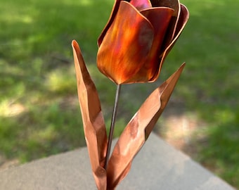 Copper Tulip Sculpture Handmade Metal Flower in Stone Base Desk Decor Minimalist Home Accent 7th Anniversary Gift for Her One of a Kind