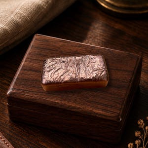 May include: A rectangular, dark brown wooden box with a smooth, polished finish. Resting on top of the box is a small, rectangular object with a metallic, bronze-coloured surface that features a highly textured, crinkled, and uneven appearance.