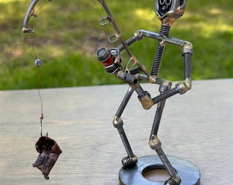 Metal Fisherman Sculpture Fishing Art Angler Retirement Gift Cabin Lake House Rustic Lodge Wall Accent Handmade Welded Statue Nuts Bolts