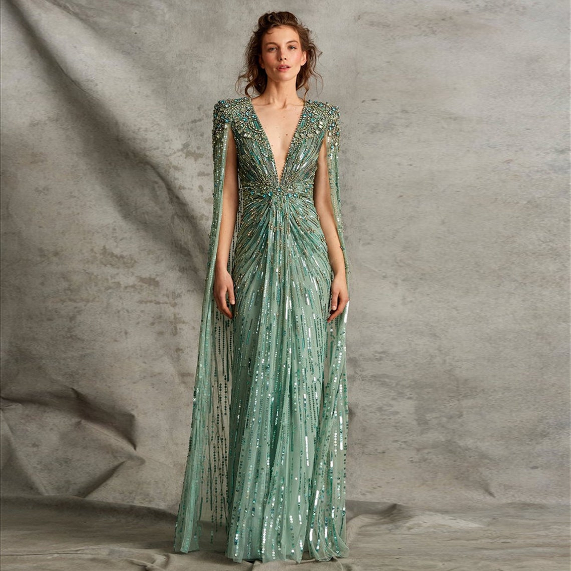 Luxury Dubai Sage Green Evening Dresses With Cape Fuchsia and - Etsy