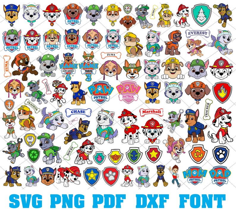 May include: A collection of colorful Paw Patrol character illustrations, including Chase, Marshall, Skye, Rubble, Rocky, Zuma, Everest, Tracker, and Ryder. The illustrations are in various poses and include their names and the words 'Paw Patrol'. The illustrations are suitable for use in crafts, scrapbooking, and other creative projects.  SVG PNG PDF DXF FONT