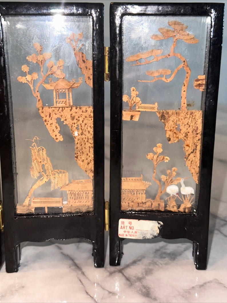 VINTAGE Asian 4 Panel Folding Table Screen Hand Carved Cork Etsy