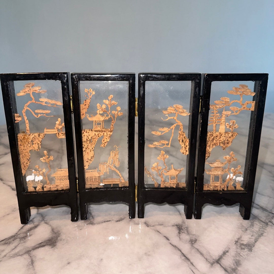 VINTAGE Asian 4 Panel Folding Table Screen Hand Carved Cork Etsy