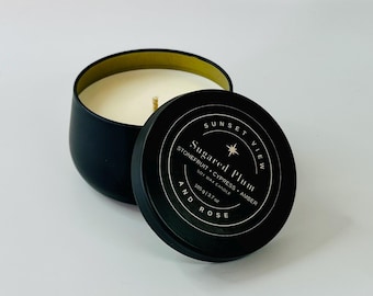 Plum Cypress Amber Scented Candle | Sugared Plum Travel Tin Soy Wax Candle