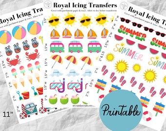 May include: Printable royal icing transfers featuring summer themed designs. The designs include a beach ball, ice cream cones, a surfboard, a beach umbrella, sunglasses, flip flops, a watermelon, and a sun. The transfers are 8.5 inches wide and 11 inches tall.
