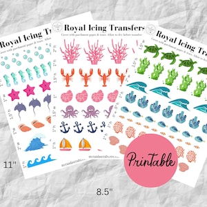 Op de afbeelding: Printbare royal icing transfers met een onderwaterthema. De ontwerpen omvatten zeepaardjes, zeesterren, schelpen, ankers, koralen en meer. De transfers zijn 11 inch bij 8,5 inch.
