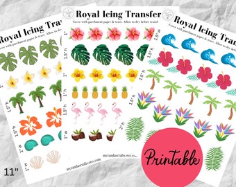 May include: Printable royal icing transfer sheets featuring tropical designs, such as pineapples, flamingos, palm trees, hibiscus flowers, seashells, and coconut halves. The sheets measure 8.5 inches by 11 inches.