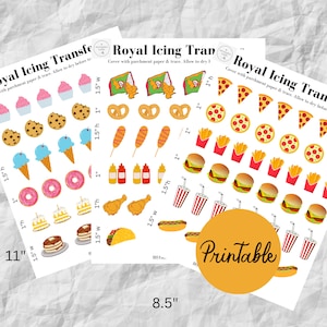 Junkfood direct download, Royal Icing-transfervellen, Afdrukbaar transfervel, pizzatransfers, hamburgers, friet, donuts, transfers