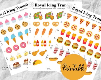 Skräpmat direktnedladdning, Royal Icing överföringsark, utskrivbara överföringsark, pizzaöverföringar, hamburgare, pommes frites, munkar överföringar