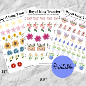 Primavera floral, download instantâneo, folhas de transferência de glacê real, dia das mães, para impressão, primavera, transferências florais detalhadas, transferências