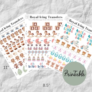 Babyspeelgoed en -dieren Royal Icing-overdrachtsvel, afdrukbaar, babyshower, babydieren, babyspeelgoed, digitale download, afdrukbare overdracht