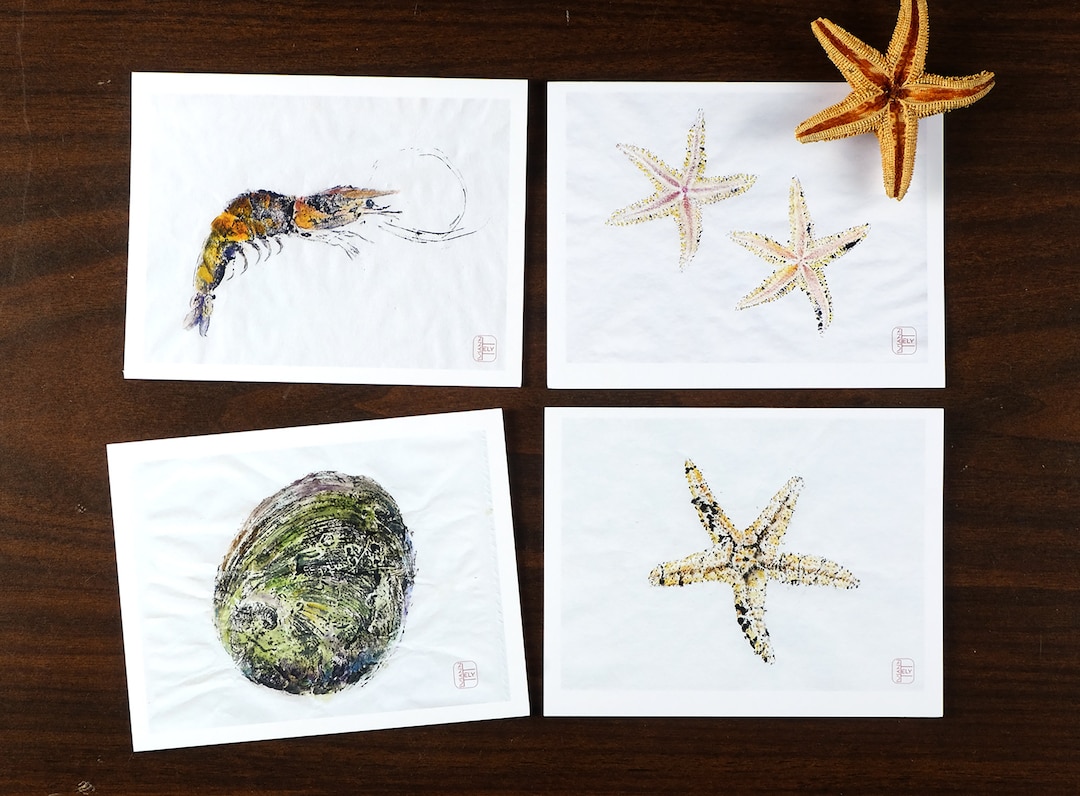Sea Life Note Gyotaku Sea Life Note Cards: Starfish, Abalone, Shrimp - Etsy