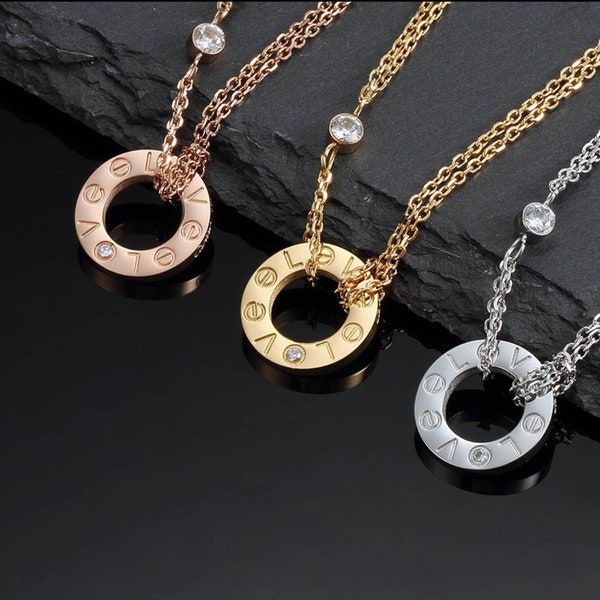 Double Chain Love Circle Pendant Necklace with Stones