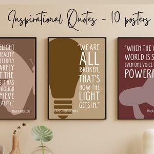 May include: A set of ten inspirational quote posters. Each poster features a quote in white text against a solid-color background, with a simple graphic. Quotes include Maya Angelou, Ernest Hemingway, and Malala Yousafzai.