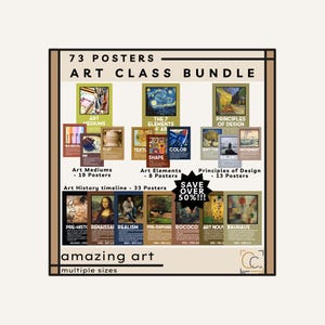 Art Classroom Poster Bundle: Famous Paintings Art History Timeline 7 Elements of Art Principles of Design Artistic Mediums