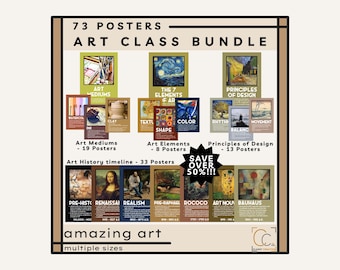 Art Classroom Poster Bundle: Famous Paintings Art History Timeline 7 Elements of Art Principles of Design Artistic Mediums