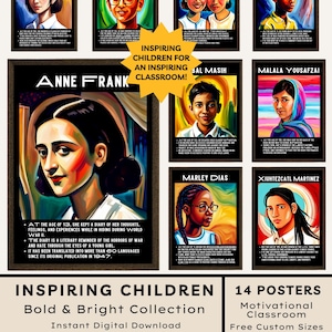 May include: A collection of 14 motivational classroom posters featuring portraits of inspiring figures like Anne Frank and Malala Yousafzai. The posters are part of a bold and bright collection, available as an instant digital download, perfect for modern classroom decor.