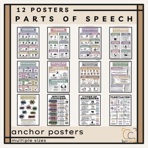 Wortarten Anker Poster Bundle Mittelschule Englisch Klassenzimmer Poster Schreibprozess Arten von Sätzen Grammatik Substantive Verben