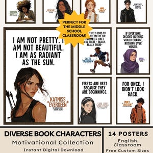 May include: A collection of fourteen rectangular posters featuring diverse book characters and inspirational quotes. Each poster displays a character illustration with text, including Katniss Everdeen, Xiomara Batista, and Percy Jackson, framed in dark borders.