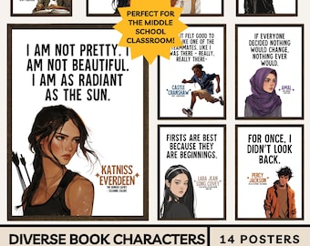 Carteles con citas de personajes diversos: Novelas para el aula de inglés de la escuela secundaria, literatura clásica, personajes principales de novelas, libros populares para jóvenes adultos.