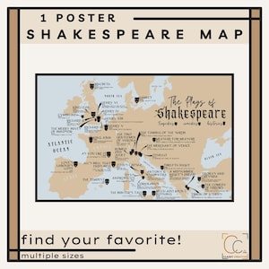Shakespeare's Plays Map Poster High School Englisch Klassenzimmer Poster Shakespeare Karte von Shakespeare's Stücken Schauplätzen Shakespeare Map