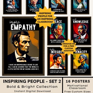 Op de afbeelding: Set van 16 motiverende posters voor in de klas met inspirerende figuren zoals Abraham Lincoln. Elke poster heeft een portret, citaat en thema zoals ambitie, empathie en kennis. De collectie is een heldere digitale download.