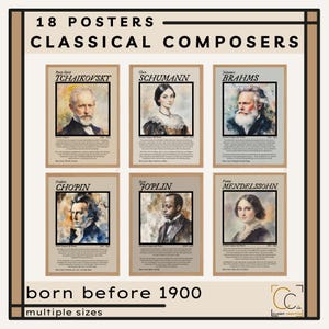 Paquete de carteles de compositores clásicos, decoración para aulas de música, tablón de anuncios de música de músicos famosos y diversos, regalo para amantes de la música clásica, arte para profesores