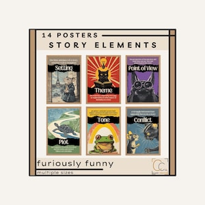 Pacchetto di poster sugli elementi della storia: decorazioni per l'aula di inglese delle scuole superiori, parti della trama, poster sulla struttura del romanzo, dispositivi narrativi
