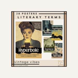Pode incluir: Uma coleção de 28 cartazes com termos literários, com uma estética vintage. Os cartazes incluem termos como "Hipérbole", "Flashback" e "Antítese". A imagem também inclui o texto "vintage vibes" e "multiple sizes".