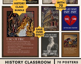 May include: A collection of history classroom posters with various historical themes. The posters include topics like the Stone Age, Ancient Rome, and the use of fire. The bundle includes 70 posters and is available as an instant digital download.