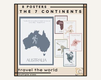 7 kontinenter posters: Samhällskunskap klassrumsdekor Världsresor poster Geografi klass anslagstavla Boho Hemskola Världskarta