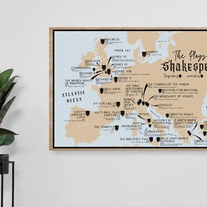 May include: A map of Europe with the titles "The Plays of Shakespeare" and "Tragedies Comedies Histories". The map shows the locations where each of Shakespeare's plays is set.