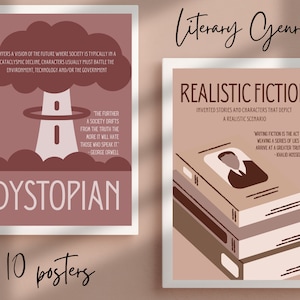 May include: Two posters with literary genre themes. One poster features the word "Dystopian" with a graphic of a mushroom cloud and text. The other poster says "Realistic Fiction" with a stack of books and text. The phrase "Literary Genres" is written above the posters. The words "10 posters" are at the bottom.
