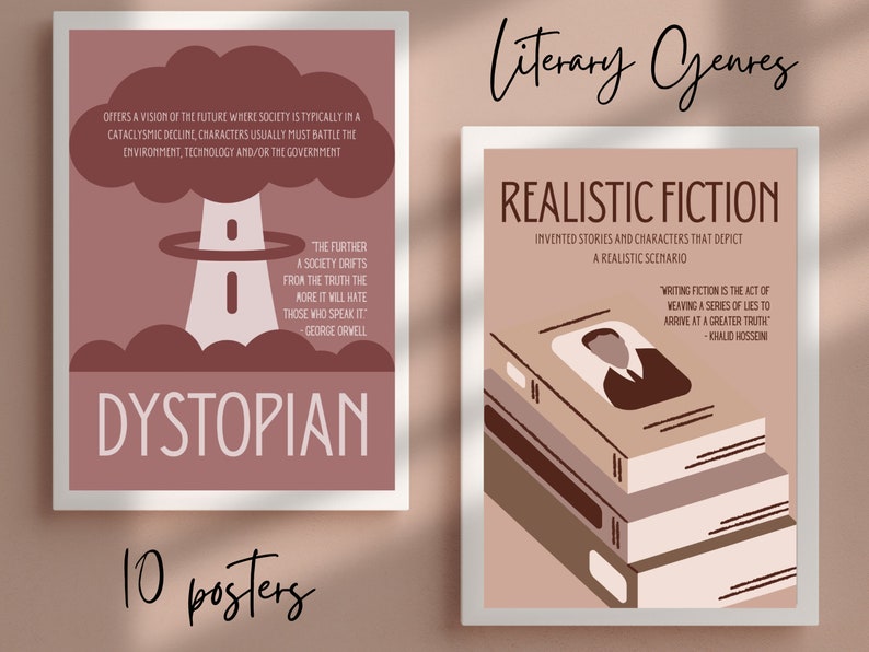 May include: Two posters with literary genre themes. One poster features the word "Dystopian" with a graphic of a mushroom cloud and text. The other poster says "Realistic Fiction" with a stack of books and text. The phrase "Literary Genres" is written above the posters. The words "10 posters" are at the bottom.