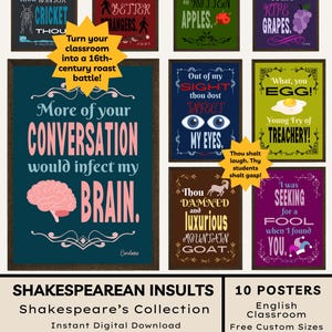 Może przedstawiać: Zbiór dziesięciu plakatów z obelgami Szekspira w różnych kolorach, z frazami takimi jak „Thou FLEA” i „More of your conversation would infect my brain”. Zaprojektowany do klasy języka angielskiego, natychmiastowe pobieranie cyfrowe.
