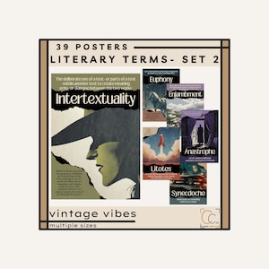 Op de afbeelding: Een verzameling posters in vintage stijl met literaire termen. De hoofdaffiche toont het woord "Intertextualiteit" met een profielillustratie. Andere posters tonen termen als "Euphony" en "Enjambement".