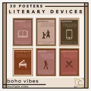 Paquete de carteles de recursos literarios, impresiones de términos literarios, recursos poéticos de inglés de secundaria, decoración de aulas de inglés estilo boho