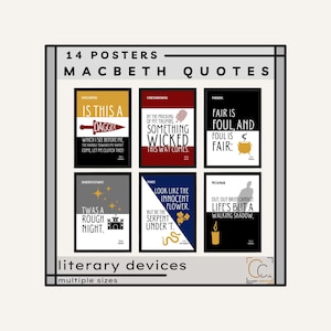 Pósteres de recursos literarios de Macbeth: decoración para aulas de inglés de secundaria, paquete de pósteres con citas famosas de Shakespeare, obras de Shakespeare