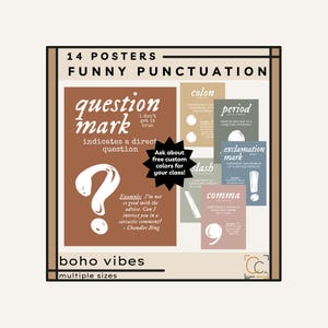 Paquete de pósteres de signos de puntuación: Divertidos pósteres de puntuación para decorar el aula de gramática inglesa de secundaria sobre estructura de oraciones.