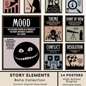 May include: A collection of 14 educational posters, labeled "Story Elements," in a boho style. Each poster features a different literary element, such as "Rising Action" and "Character," with accompanying text and illustrations. The posters are designed for high school English classrooms.
