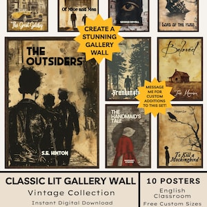 Op de afbeelding: Een verzameling van tien literaire posters in vintage stijl, met titels als "The Great Gatsby" en "1984." De posters tonen klassieke boekomslagen en zijn ontworpen voor een galerijmuur. De tekst luidt "Classic Lit Gallery Wall" en "Modern Classroom Decor."