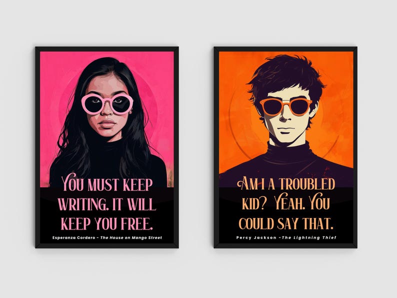 Puede incluir: Dos impresiones art&iacute;sticas enmarcadas. La primera presenta a una mujer con gafas de sol rosas y el texto "You must keep writing. It will keep you free." La segunda muestra a un hombre con gafas de sol naranjas y el texto "Am I a troubled kid? Yeah. You could say that."