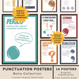 Könnte beinhalten: Eine Sammlung von Lehrplakaten mit Satzzeichen wie Punkt, Ausrufezeichen, Bindestrich, Apostroph, Auslassungspunkten, Komma, Fragezeichen und Semikolon. Jedes Plakat enthält eine Definition, ein Beispiel in einer Sprechblase und Text.