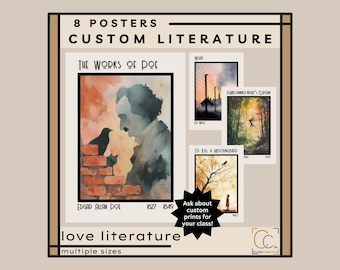 Pôsteres personalizados de literatura clássica: Decoração para sala de aula de inglês do ensino médio, pôsteres em aquarela de romances e contos de Shakespeare.
