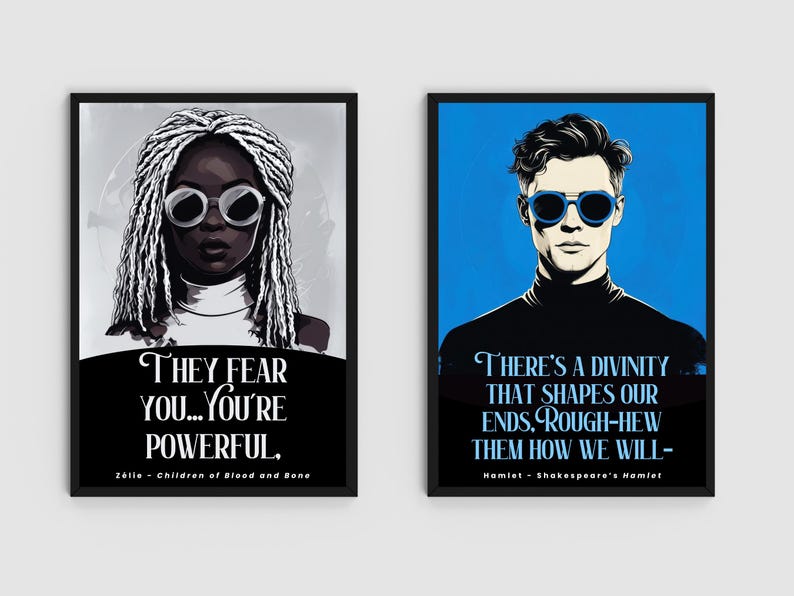 Puede incluir: Dos impresiones art&iacute;sticas enmarcadas. La primera presenta a una mujer con trenzas blancas y gafas de sol, con el texto "THEY FEAR YOU... YOU'RE POWERFUL." La segunda impresi&oacute;n muestra a un hombre con gafas de sol y el texto "THERE'S A DIVINITY..."