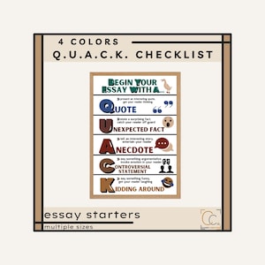 QUACK-checklistposter: middelbare school Engels klaslokaal decor ankerposter essay starters schrijfproces posters Inleiding: