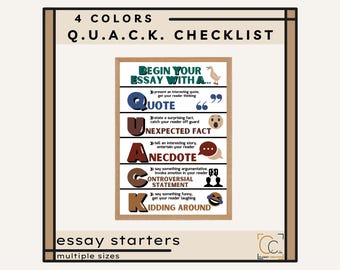 Pôster da Lista de Verificação QUACK: Decoração para Sala de Aula de Inglês do Ensino Fundamental II - Pôster Principal - Ideias para Iniciar Redações - Pôsteres sobre o Processo de Escrita - Introdução