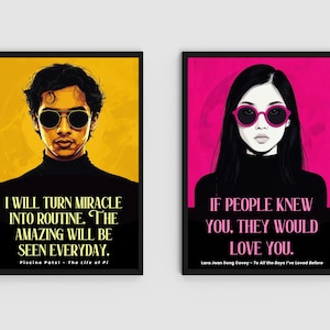 Puede incluir: Dos impresiones art&iacute;sticas enmarcadas. Una presenta a un hombre con gafas de sol con la cita "I WILL TURN MIRACLE INTO ROUTINE. THE AMAZING WILL BE SEEN EVERYDAY." La otra muestra a una mujer con gafas rosas con la cita "IF PEOPLE KNEW YOU, THEY WOULD LOVE YOU."