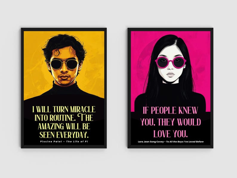 Puede incluir: Dos impresiones art&iacute;sticas enmarcadas. Una presenta a un hombre con gafas de sol con la cita "I WILL TURN MIRACLE INTO ROUTINE. THE AMAZING WILL BE SEEN EVERYDAY." La otra muestra a una mujer con gafas rosas con la cita "IF PEOPLE KNEW YOU, THEY WOULD LOVE YOU."
