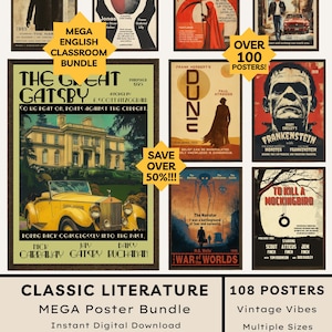 May include: A collection of digital posters featuring classic literature themes including The Great Gatsby, Dune, Frankenstein, and War of the Worlds. The display shows various book covers with vintage-style illustrations, typography, and literary quotes.